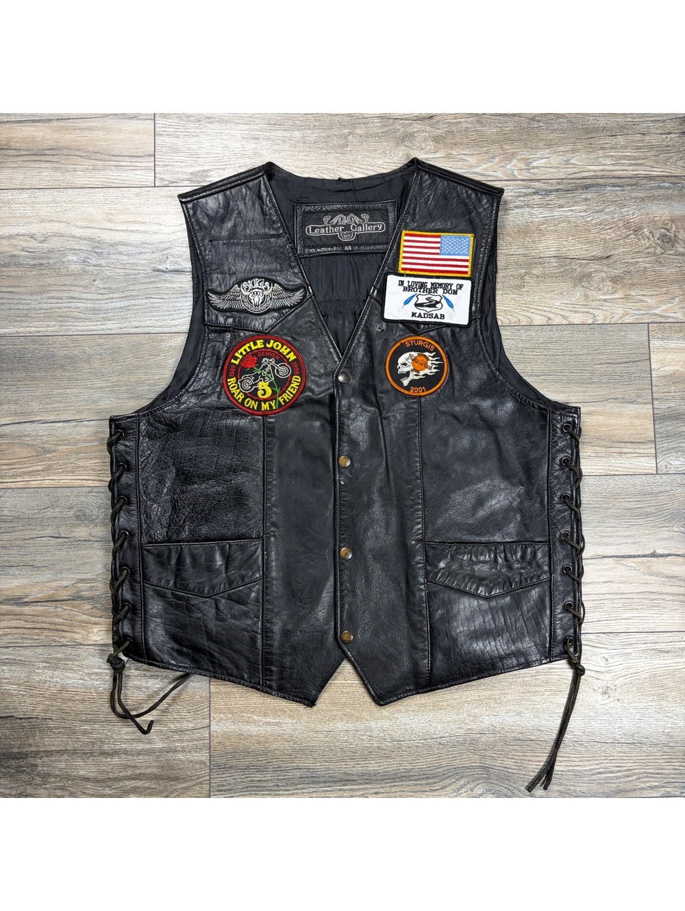 90’s Leather Gallery black leather biker vest with patches